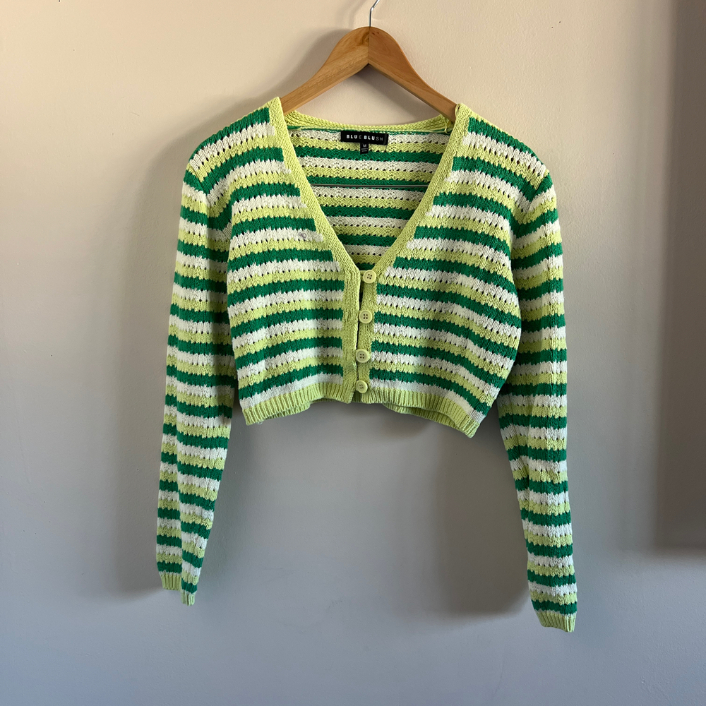 Blue Blush | Green Striped Cropped Cardigan